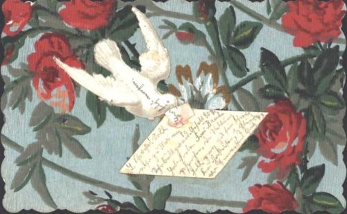 AK von 1908 mit aufgeklebter Oblate Brieftaube auf Rosenmotiv