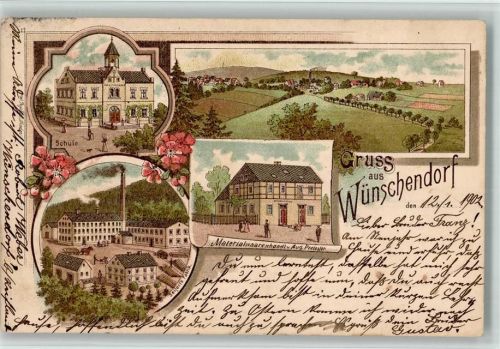 Wünschendorf 1902 Materialwarenhandlung Aug. Preissler Seiferts Fabrik Schule Lithographie Bahnpost Hetzdorf - Eppendorf Sachsen Zug 8004