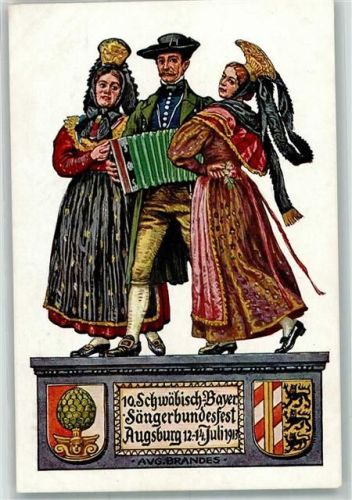 Augsburg 1913 X. Schwäbisch-Bayerisches Sängerbundesfest 1913 Volkstrachten Harmonika Wappen