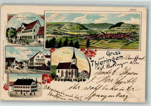 Tieringen 1904 Lithographie Gasthaus Zum Storchen Karl Alber Gasthaus Brauerei Zum Adler Rathaus Schulhaus Kirche