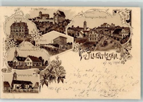 Illertissen 1898 Lithographie Rathaus Ev. Kirche Bahnhof Schloß Illertissen Kath. Kirche Stauchung