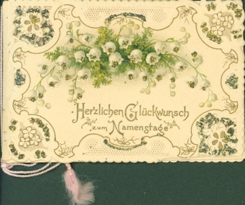Maiglöckchen Glitzerauflage Innenseite Gedicht Klapp AK 7,5 cm hoch 11,3 cm breit Mit echter Kordel Prägedruck