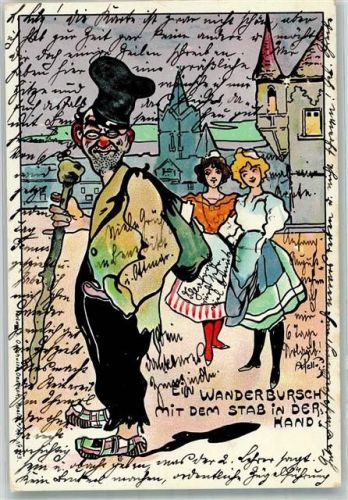 1900 sign. Pellois A. Jugendstil Wanderbursche mit Stab in der Hand , Liederzeile + Adelskorrespondenz
