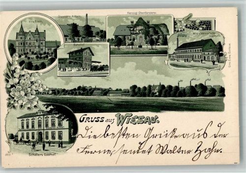 Wiesau Laka 1904 BOAKC Gasthaus Schaller Bahnhof Fabrik Glashütte Lithographie Bahnpost Hansdorf-Prebus Zug 24