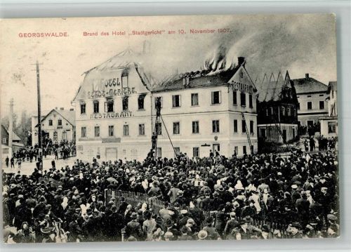 Georgswalde 1907 Hotel Stadtgericht Brand 1907 Foto AK
