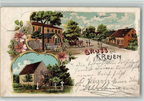 Kreien 1902 Schallies Gasthaus Dorfstraße Kirche Lithographie