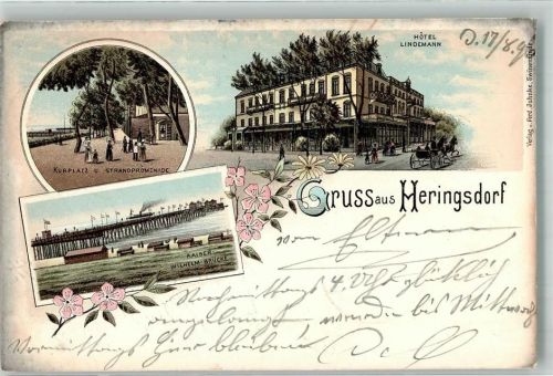 23777 W2444 Heringsdorf , Holst 1896 Lithographie Kurplatz Strandpromenade Hotel Lindemann Kaiser Wilhelm Brücke