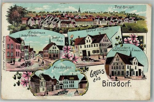 Binsdorf 1914 Lithographie Kirchstraße Gasthaus Paradies Gasthaus Zur Krone Gasthaus Zum Ochsen Neues Schulhaus Zigarrenfabrik Spezereihandlung R. Hummel