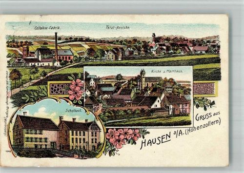 Hausen 1908 Lithographie Cellulose-Fabrik Schule Kirche Pfarrhaus