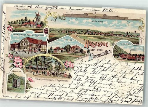 Holzerode 1901 Lithographie Försterei Mäuseturm Ziegelei Windmühle beschnitten