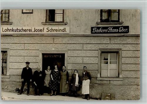 Grafenau 1926 Lohnkutscherei Schreidl und Bäckerei Eder Gruppenbild Privatfoto AK Ort handschriftlich