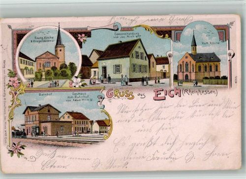 Eich 1902 Lithographie Ev. Kirche Bahnhof Gasthaus zum Bahnhof Spezerei-Handlung Mink Kath. Kirche
