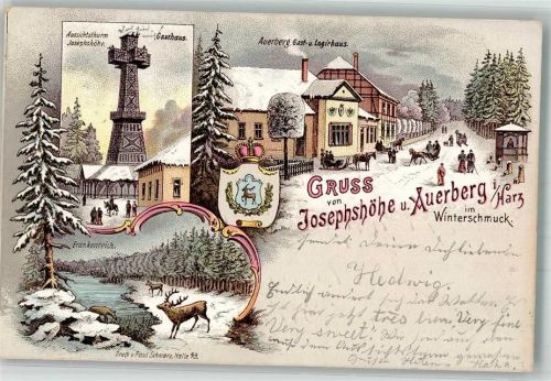 06547 O4713 Stolberg Harz 1898 Winterlithographie Aussichtsturm Josephshöhe Gasthaus Auerberg