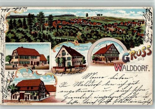 Walddorf Lithographie Chausseehaus zum grünen Baum Gasthaus zum Rappen Gasthaus zum Hirsch