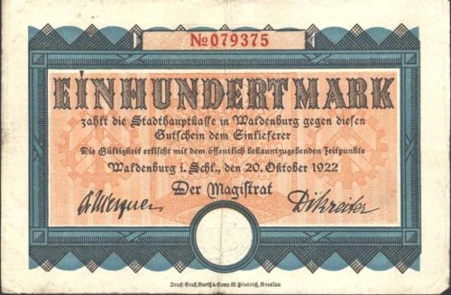 Waldenburg Gutschein der Stadthauptkasse Waldenburg von 1922 über Einhundert Mark