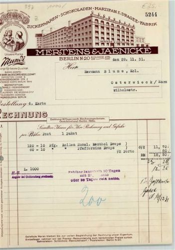 Berlin, unsortiert Rechnung von 1931 Mertens und Jaenicke Süßwaren