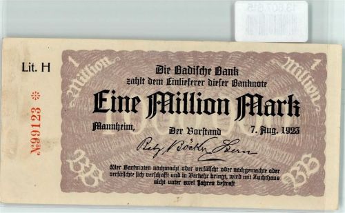 W6800 Mannheim Eine Million Mark Badische Bank Notgeld Deutschland Notgeldschein