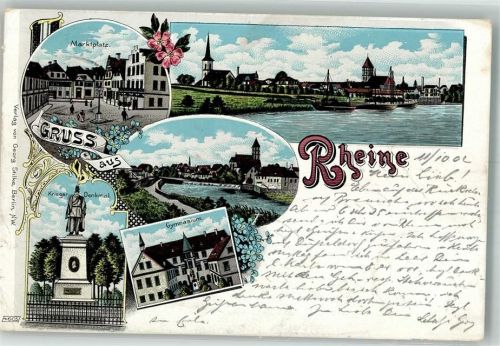 Rheine 1902 Lithographie Kriegerdenkmal Gymnasium Marktplatz Bahnpost Rheine- Zug 156