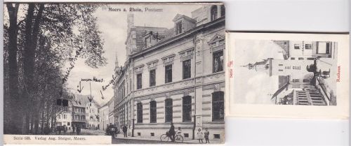 Moers ausziehbarer Papierstreifen Postamt Fahrrad Serie 608 Rathaus Neuthor-Brücke Städt. Anlagen Altmarkt mit Denkmal Johanneum Ev. Kirche Königl. Lehrerseminar Kolonie Steinkohlebergwerks Rheinpreussen Denkmal Kurfürstin Louise Henriette