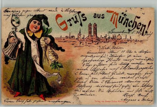 München 1887 Münchner Kindl Bierkrug Radi Frauenkirche Verlag Ottmar Zieher Lithographie