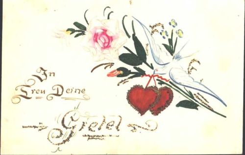 AK handgeritzt und handgemalt, Glitzer, Taube mit Rose und zwei Herzen
