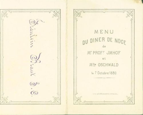 1880 Menu du Diner de Noce Mr. Prof. Imhof et Mlle Oschwald