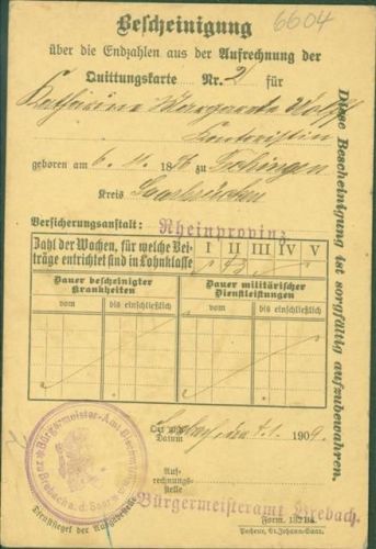 Brebach-Fechingen Bescheinigung über die Endzahlen aus der Aufrechnung der Quittungskarte