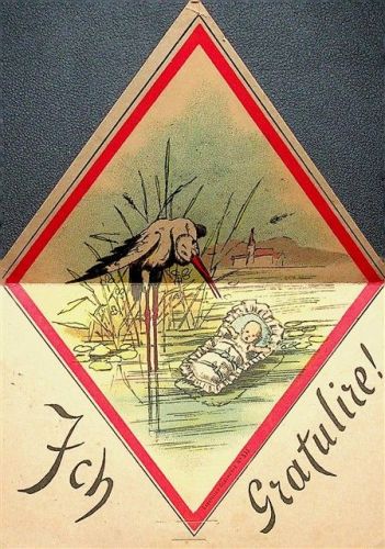 1889 Klapp AK zur Geburt Storch Baby