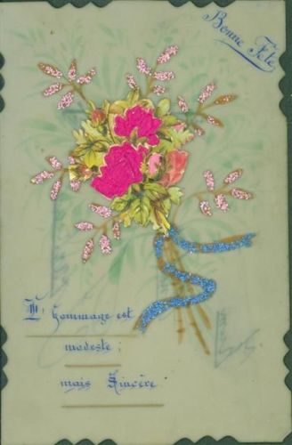 Karte aus Plastik Blumen aus echter Seide Glimmer
