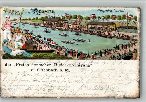 Offenbach 1901 Lithographie Regatta der Freien deutschen Rudervereinigung zu Offenbach Rennruderer Main