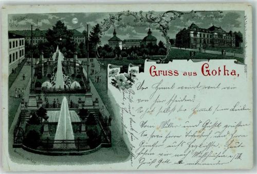 Gotha 1898 Schlossberg Mond Schloss Friedenstein Landgerichtsgebäude Blumen Springbrunnen