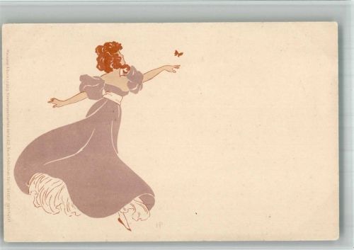 1899 Serie 1112 Beim fröhlichen Spiel Frau im langen Kleid Jugendstil sign. HP