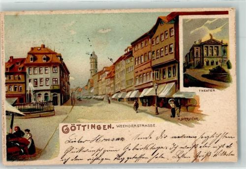 Göttingen 1902 Weenderstraße Marktszene Theater Springbrunnen sign. A. Drescher