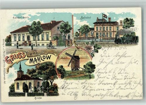 Mahlow 1900 Lithographie Bahnhof Gasthaus Kanitz Dorfkirche Windmühle