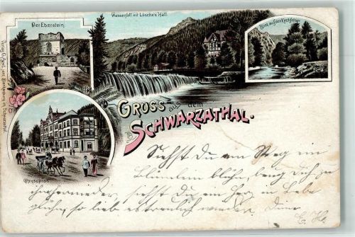 Schwarza 1896 Lithographie Schwarzathal Eberstein Ghrysopras Wasserfall Lösche's Hall