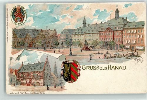 Hanau 1900 Marktplatz Denkmal Marktszene Rathaus Wappen sign. R.Joost Bahnpost Eisenach-Frankfurt Zg. 4