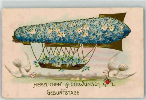 Verlag Winkler & Voigt 5635 Zeppelin aus Vergissmeinnicht Tauben Geburtstag Blütenbild 1910 Lithographie
