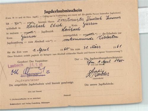 Laubach Jagderlaubnisschein von 1960