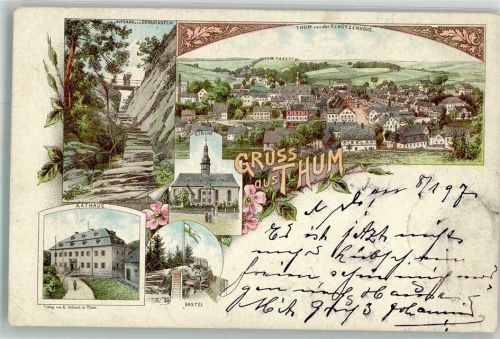 Thum 1897 Lithographie Rathaus Bastei Kirche