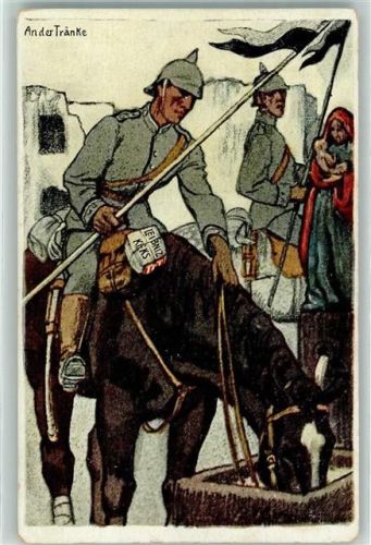 1915 WK I Soldat mit Pferd an der Tränke AK