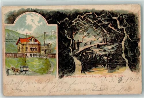 Bad Frankenhausen 1900 Gasthaus zum Barbarossa Barbarossahöhle Bahnpoststempel Lithographie