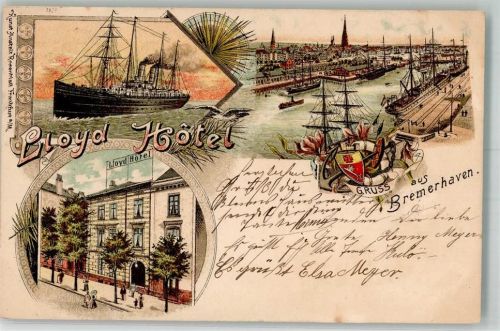 Bremerhaven 1898 Lloyd-Hotel Hafen Dampfer Wappen Möwe