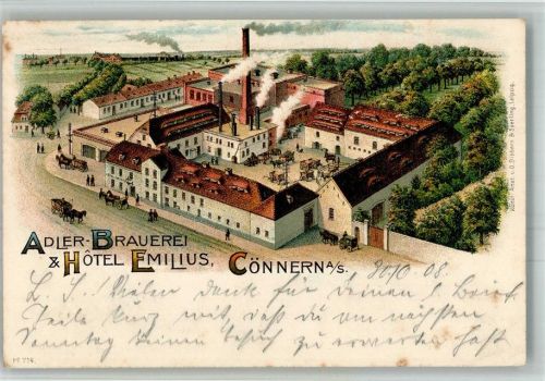 Könnern 1908 Lithographie Adler-Brauerei & Hotel Emilius Bahnpost Halle-Hannover Zug 535