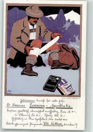 München sign. Carl Kunst Werbung Dr.Dessauers Touring Apotheke Bergsteiger Verbandskasten