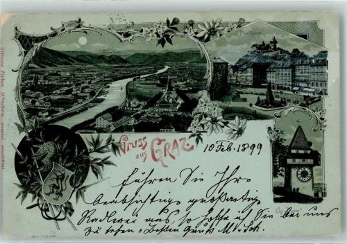 Graz 1899 Marktplatz Uhr Turm Wappen Mond Blumen Gruss Lithographie