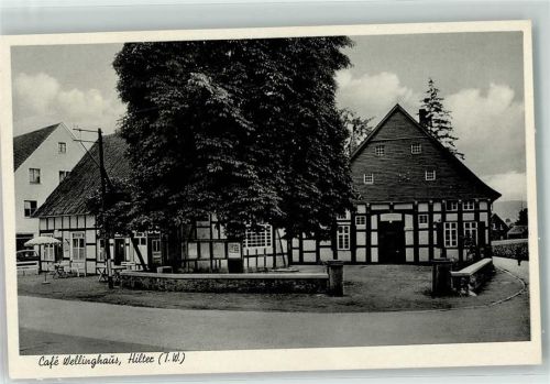 49176 W4517 Hilter am Teutoburger Wald - Cafe Wellinghaus Fachwerk Sonnenschirm