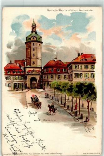 Ansbach 1900 Herrieder Tor Steinerne Promenade Kutsche Reiter sign. K. Zinn