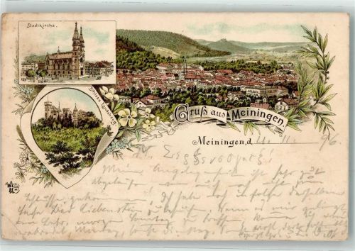 Meiningen 1896 Stadtkirche Schloss Landsberg Lithographie