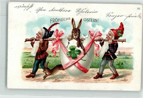 1903 Hase sitzt im Osterei und wird getragen Ostern Lithographie