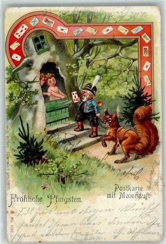 1901 Duftkarte Maienduft Zwerg als Briefträger, Eichhörnchen als Pfer, Baumhaus Lithographie Verlag Schmidt Erfurt